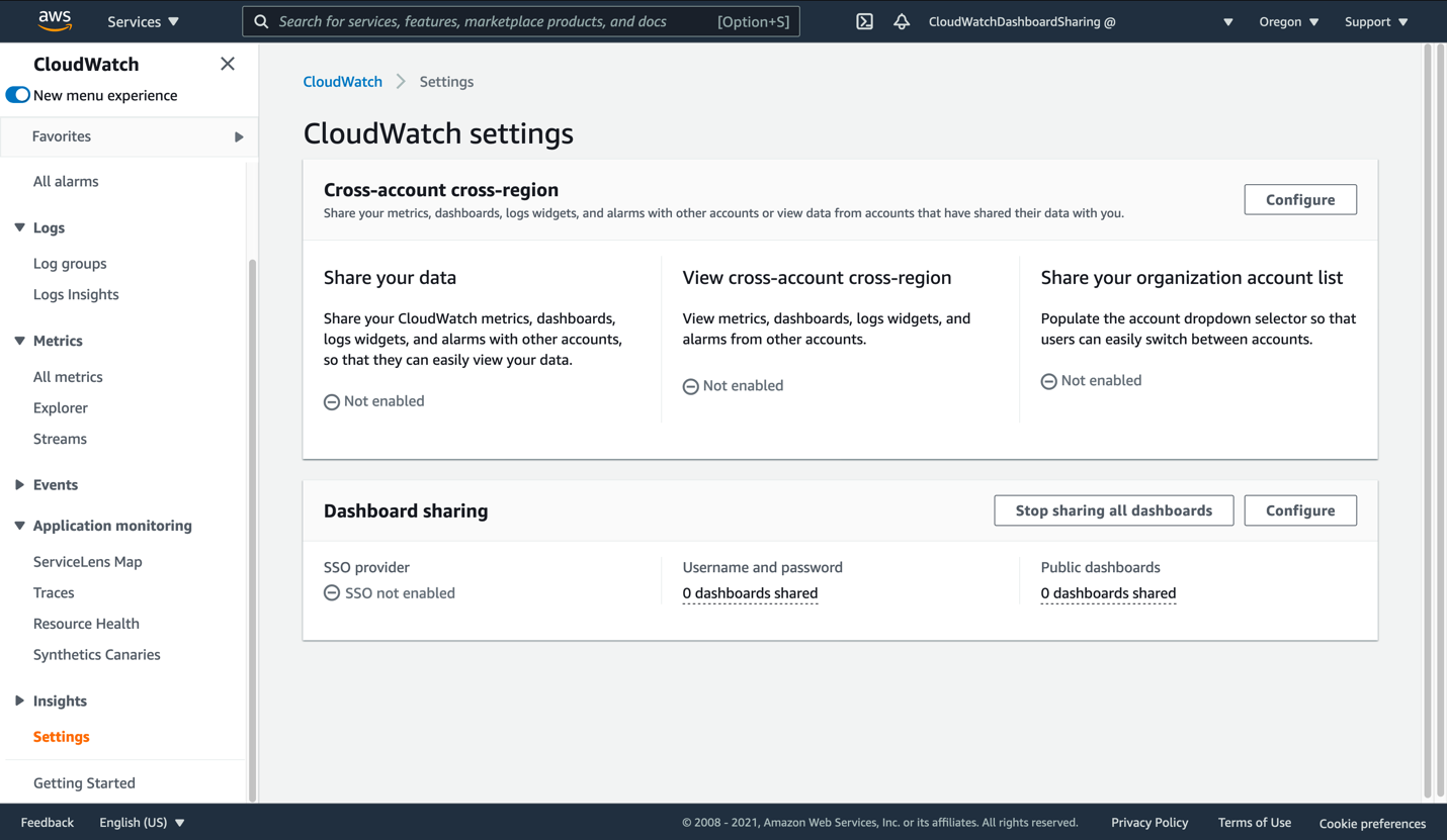 CloudWatch Settings - Dashboard Sharing 섹션