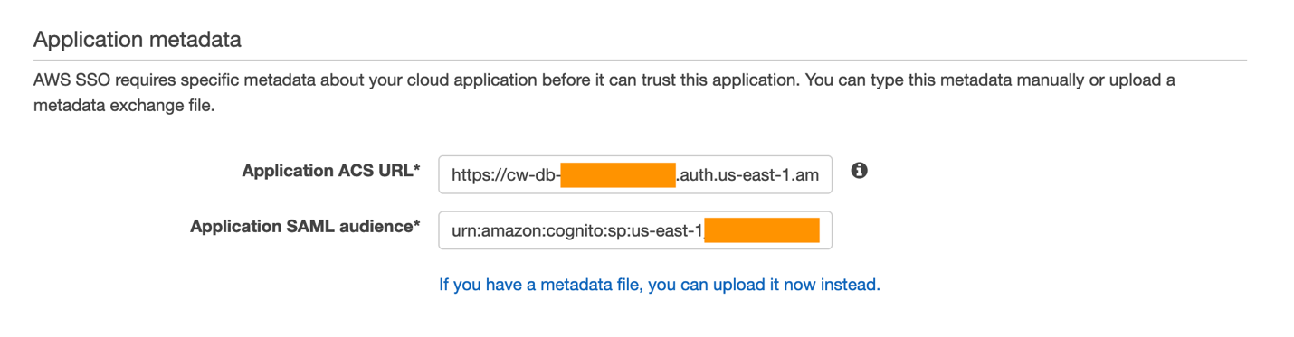AWS SSO Application metadata - ACS URL 및 SAML audience 입력