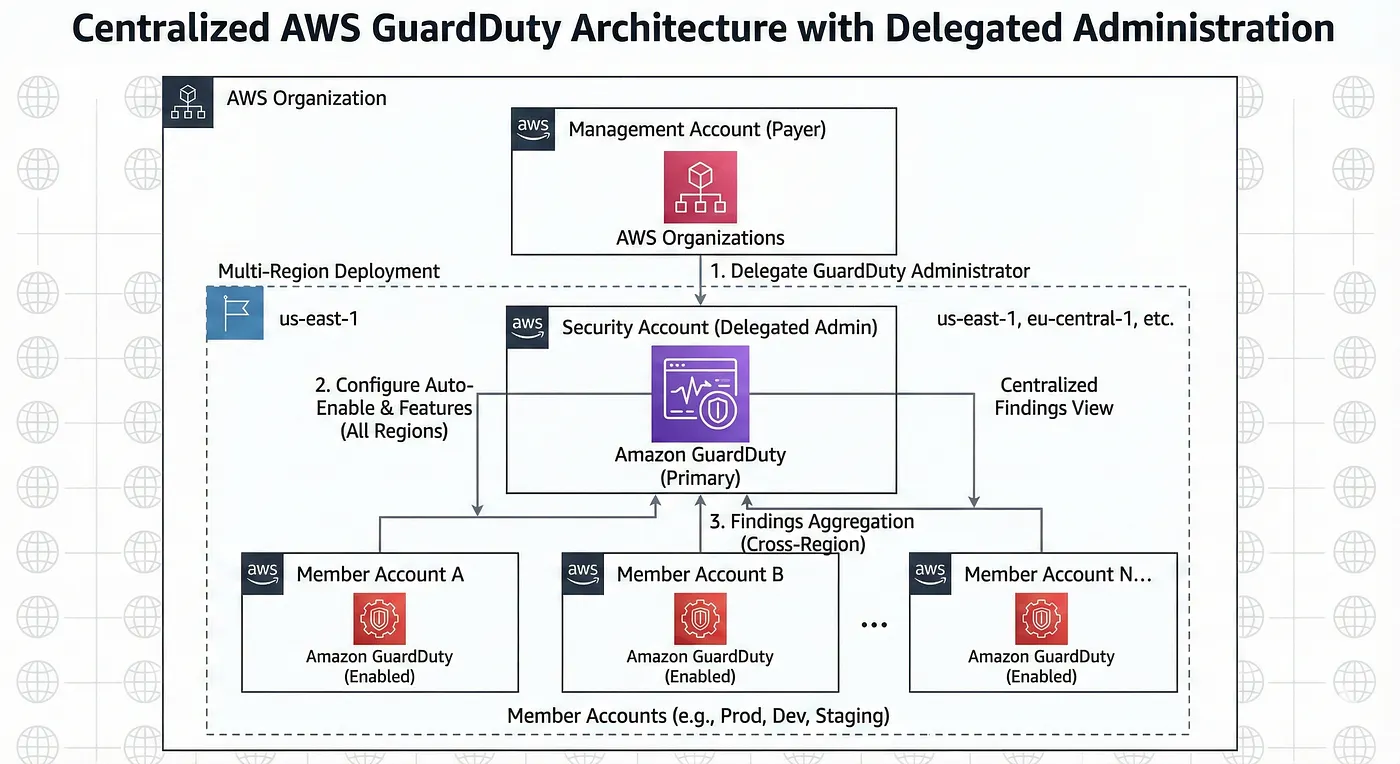 AWS Organizations 환경의 중앙화 GuardDuty 아키텍처 — 위임 관리자(Security Account)가 전체 멤버 계정의 Findings를 집계